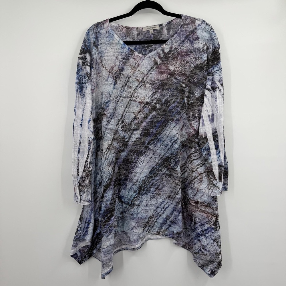 Jess & Jane Tunic Womens 3X Multicolor V-Neck Long Sleeve Jersey Rhinestone